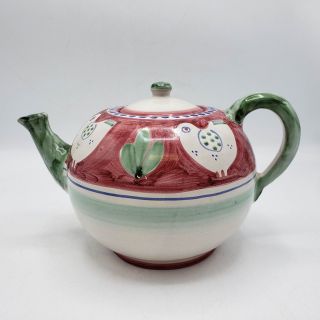 Vintage Red & Green Ceramic Handpainted Solimene Vietri Tea Pot W/ Chickens 8 "