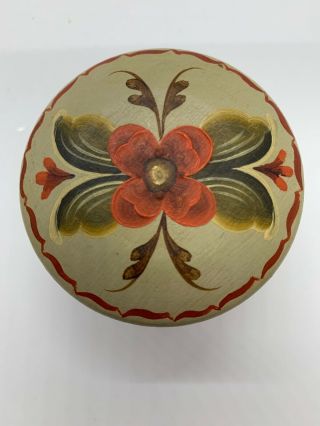 Vintage Rosemaling Folk Art Wood Trinket Box 1.  75” Tall 2.  5” Dia Hand Painted