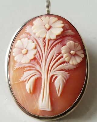 Vintage 800 Silver And Carved Shell Cameo Flowers Pin Or Pendant