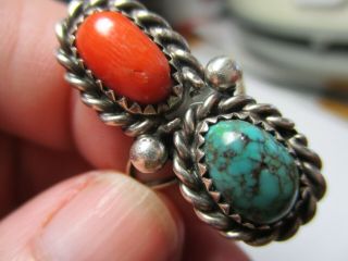 Sterling Silver Estate Vintage Southwest Turquoise Red Coral Rope Ring Size 6.  5