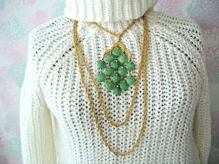 Vintage Crown Trifari Jade Green Lucite Gold Tone 3 Strand Waterfall Necklace