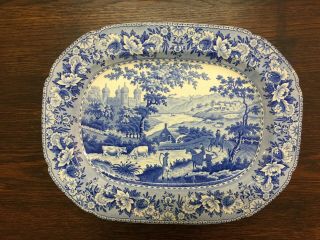 Antique Victorian Blue & White Transferware Meat/serving Plate Pearlware - Cattle