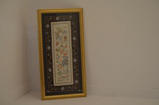 Vintage Tall Gold Framed Chinese Embroidery Silk Art Picture