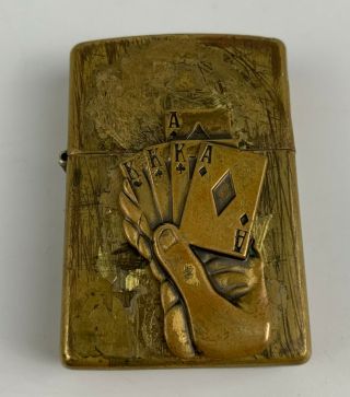 Vintage Zippo Lighter Solid Brass Cards Flush Royal Hand Ace King Poker