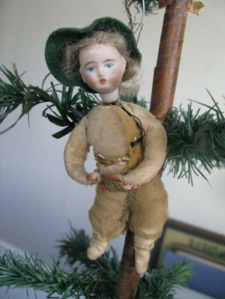 Antique German Heubach Christmas Tree Ornament Spun Cotton/bisque Young Boy Hat