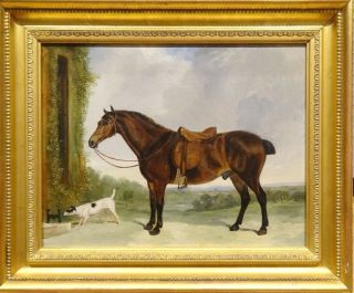 19th Century English Bay Hunter Horse & Terrier Dog Antique Oil Painting