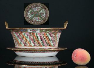 A Antique Chinese Canton Famille Rose Chestnut Basket 19th Century