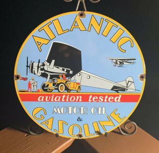 Vintage Atlantic Gasoline Porcelain Sign,  Pump Plate,  Gas,  Motor Oil,  Aviation