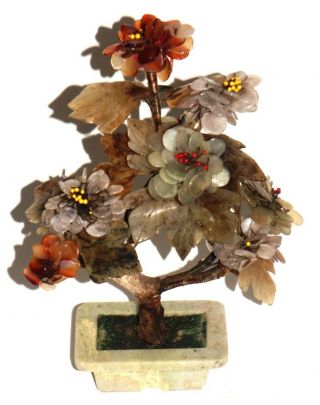 Vintage Chinese Export Carved Jade Carnelian Quartz Bonsai Flower Tree Sculpture