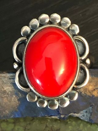 Vintage Native American Red Coral Sterling Silver Sun Ring 7 G Size 8