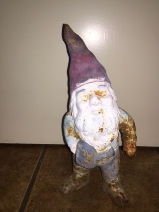 Vintage Cast Iron Garden Gnome Holding Watering Can 13.  25” Tall