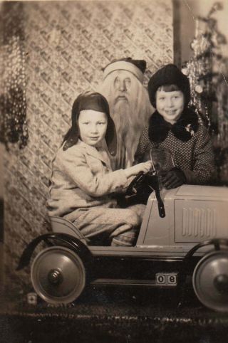 Vintage Photo Boy Girl Pedal Car Sad Santa Montgomery Wards Sioux City 1948