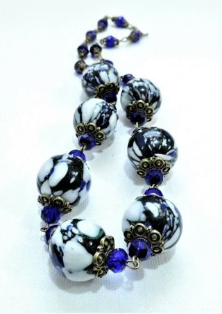 Vintage Blue Black White Millefiori Lampwork Art Glass Bead Necklace No19206