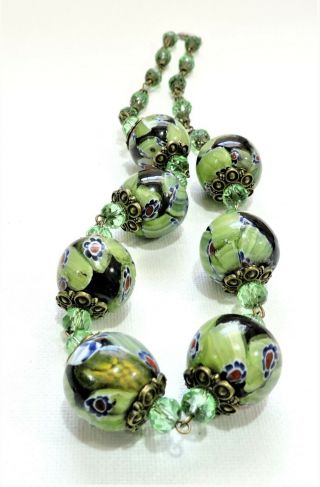Vintage Green & Black Millefiori Lampwork Art Glass Bead Necklace No19192