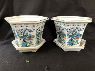 Pair Antique Chinese Porcelain Cache Pot Flower Pots - Footed Hexagon With Peac