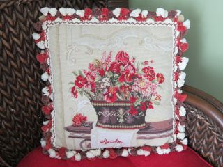 Vintage Needlepoint Tassel Pillow Cover With Pillow Flower On Table