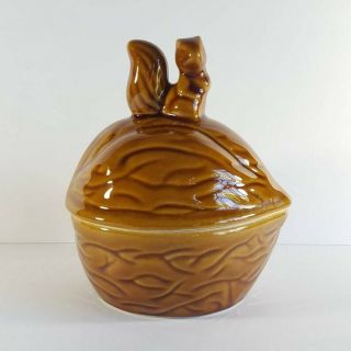 Vintage Ceramic Lidded Nut Dish Shaped Walnut With Squirrel On Top