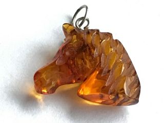 Vintage Silver Real Carved Amber Horse Head Pendant Charm.  7/8” X 5/8”