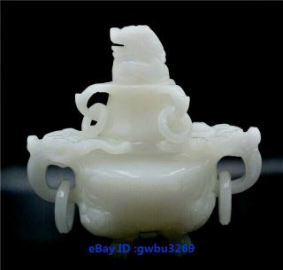 Exquisite Chinese Hand Carved 100 Natural Jade Dragon Incense Burner