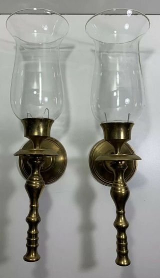 Two Vintage Brass Wall - Mount Candle Holder Sconces And Glass