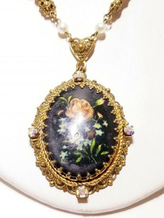 Vintage Western West Germany Filigree Crystals Hand Painted Flowers Necklace