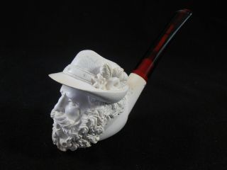 Vintage Hand Carved Meerschaum Tobacco Pipe Old Bearded Man With Hat Smoking