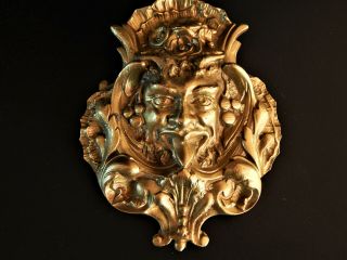 Antique French Bronze Ornament,  Pediment,  Satyr,  Demon,  Bacchus,  Devil,  Horned Head