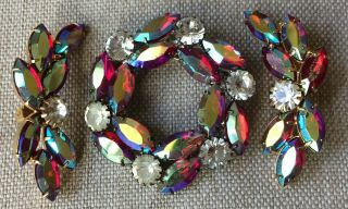 Vintage Aurora Borealis Rhinestone Pin Brooch Earrings Set