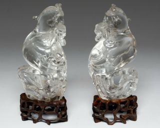 2 Antique Chinese Carved Rock Crystal Phoenix Birds On Wood Stands