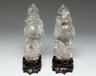 2 Antique Chinese Carved Rock Crystal Phoenix Birds on Wood Stands 2