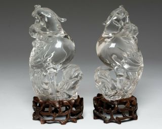 2 Antique Chinese Carved Rock Crystal Phoenix Birds on Wood Stands 3
