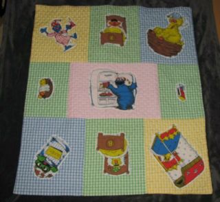 Handmade Vintage Gingham Patchwork Sesame Street Baby Quilt Blanket Comforter