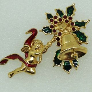 Signed Smithsonian Vintage Christmas Holly Bell Brooch Pin Angel Red Rhinestone