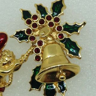 Signed SMITHSONIAN Vintage CHRISTMAS HOLLY BELL BROOCH Pin Angel Red Rhinestone 2