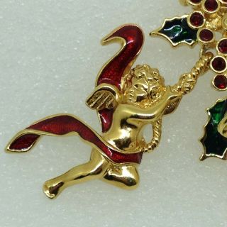 Signed SMITHSONIAN Vintage CHRISTMAS HOLLY BELL BROOCH Pin Angel Red Rhinestone 3