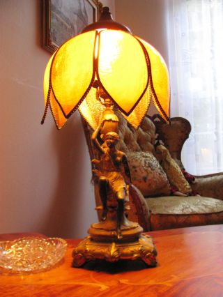 Antique French Art Nouveau Figural Table Lamp Sexy Lady Glass Shade Fixture