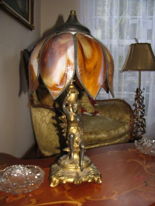 Antique French Art Nouveau Figural Table Lamp Sexy Lady Glass shade fixture 3