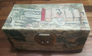 Chinese Antique Hand Painted Pig Skin Leather Nesting Sewing Box Trunk Qing