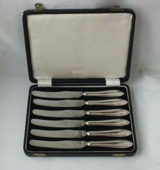 Boxed Set Of 6 Sterling Silver Handled Tea/ Dessert Knives 1954/ L 18.  5 Cm