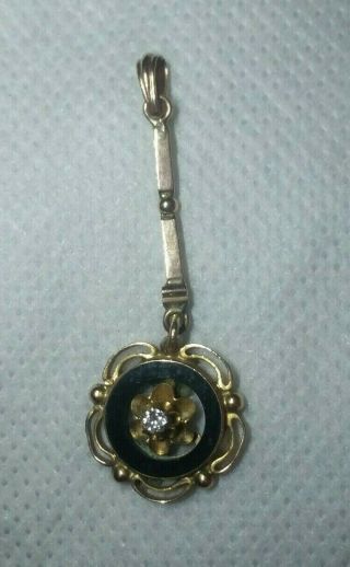 Antique Victorian 10k Yellow Gold Diamond & Onyx Mourning Lavalier Pendant