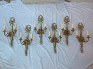 Antique Set Of 6 X Large Wall Lights Double Sconce Bow & Tassel Design