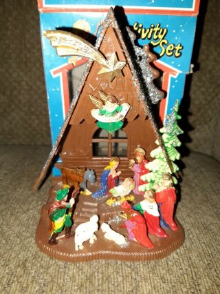 Vintage 6 " Hard Plastic Christmas Nativity Set - Glitter - Box