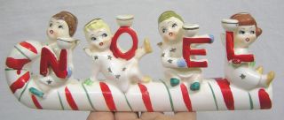 Vtg Christmas Relco Noel Candle Holder Angel Kids On Candy Cane Sled 1950s Japan