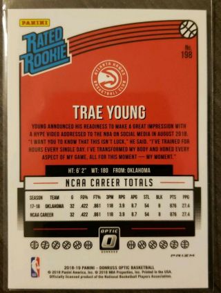 2018 - 19 Donruss Optic Choice Trae Young Mojo Silver Prizms RC Rated Rookie 2