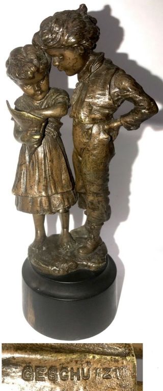 Antique Austrian Geschutzt Bronze Of Two Children With Sweets Bag Kauba? Signed