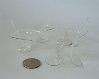 Vintage Set Of 4 Blown Glass Top Hat Open Salt Dip Cellar Clear 2 Spoons