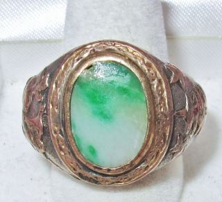 Antique Chinese Silver & Gold Ring W/ 14mm Green Jadeite Jade (24.  5g,  Size 10)
