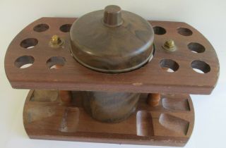 Vintage Wooden 10 Pipe Holder Smoking Stand W/marbled Plastic Tobacco Humidor