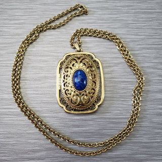 Vintage Avon Faux Blue Lapis Lazuli Stone Filigree Locket Necklace Openwork