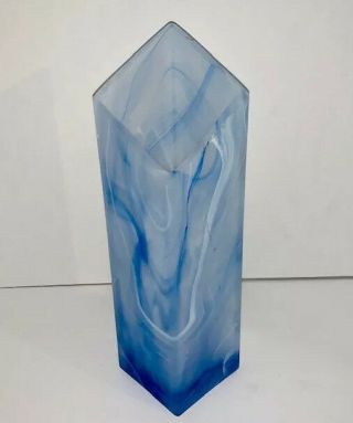 Vtg Frosted Blue Swirl Alabaster Glass Vase With A Diamond Shape Slant Cut Top